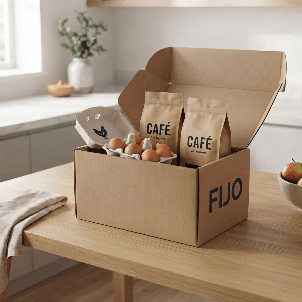Caja de Fijo abierta sobre una mesa de cocina con huevos y café